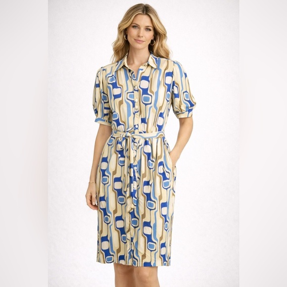 J. McLaughlin Dresses & Skirts - J McLaughlin Belted Shirt Dress Blue Cream Coastal Resort Pockets XL